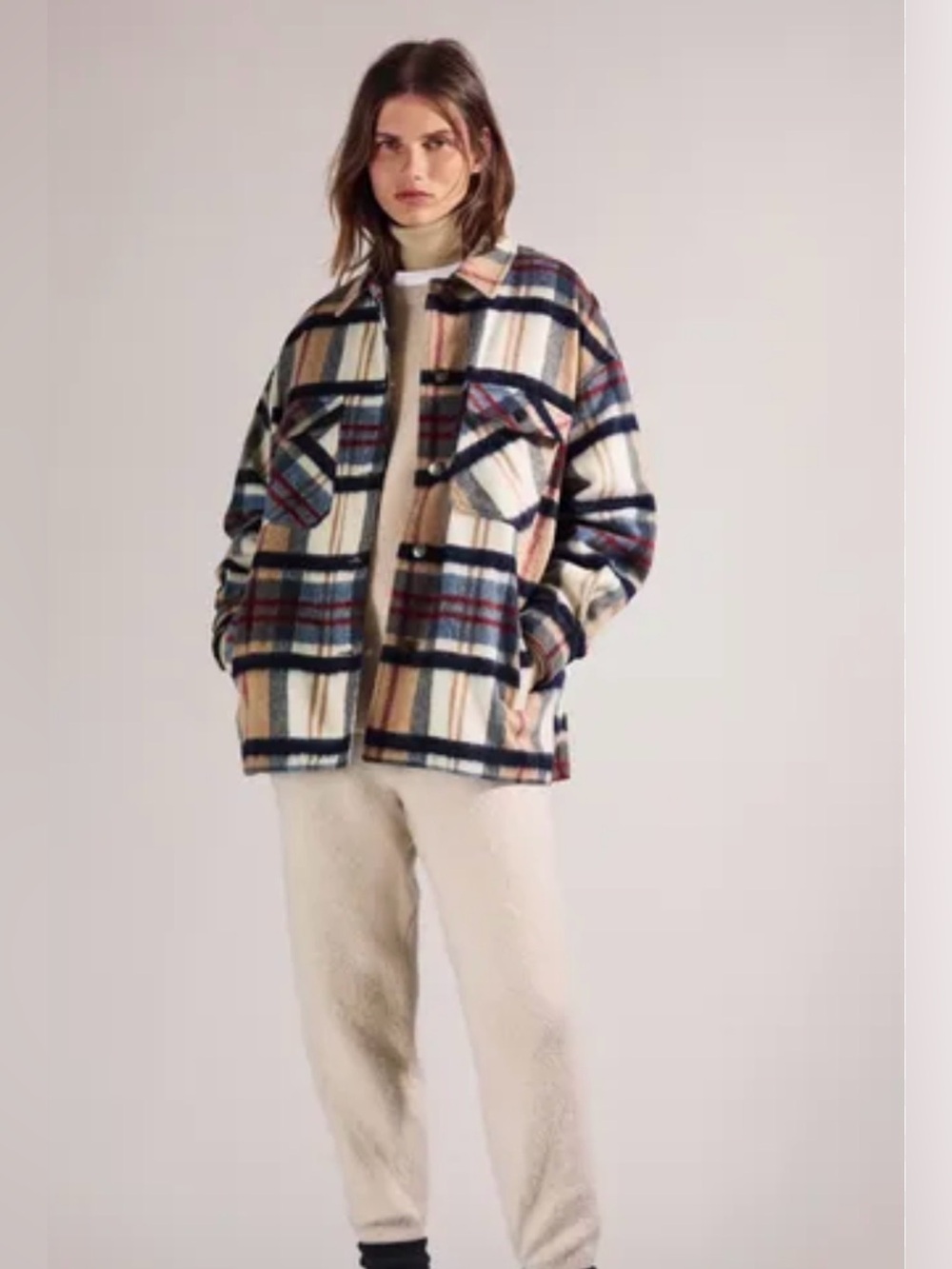Zara Check Shacket Shirt Jacket Plaid Button Down Flannel Wool Blend Sz XS